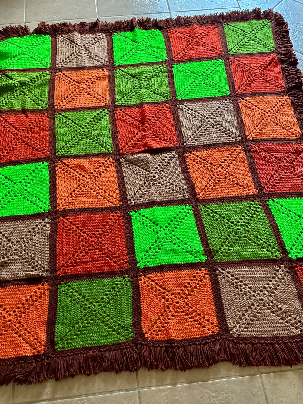 Hand Crafted Green, Orange, Brown, Tan Crochet Patchwork Throw